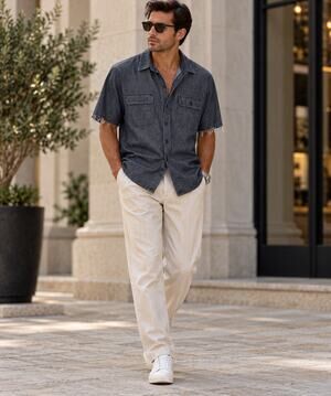 OVADIA & SONS Short Sleeve Denim Button Down Shirt Raw Sleeve Sz L {OO28}